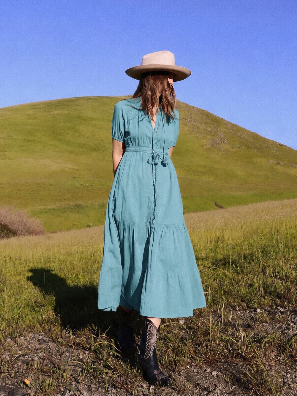 Elan Prairie Maxi Dress 100% Cotton Button-Down with Tassel Boho, Turquoise — M